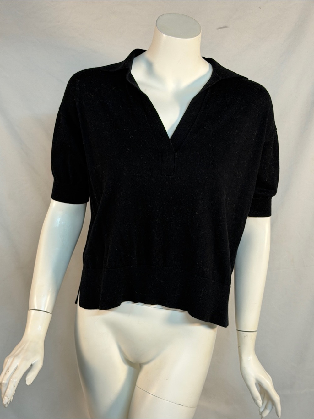White + Warren Black Short-Sleeve Polo Knit Top